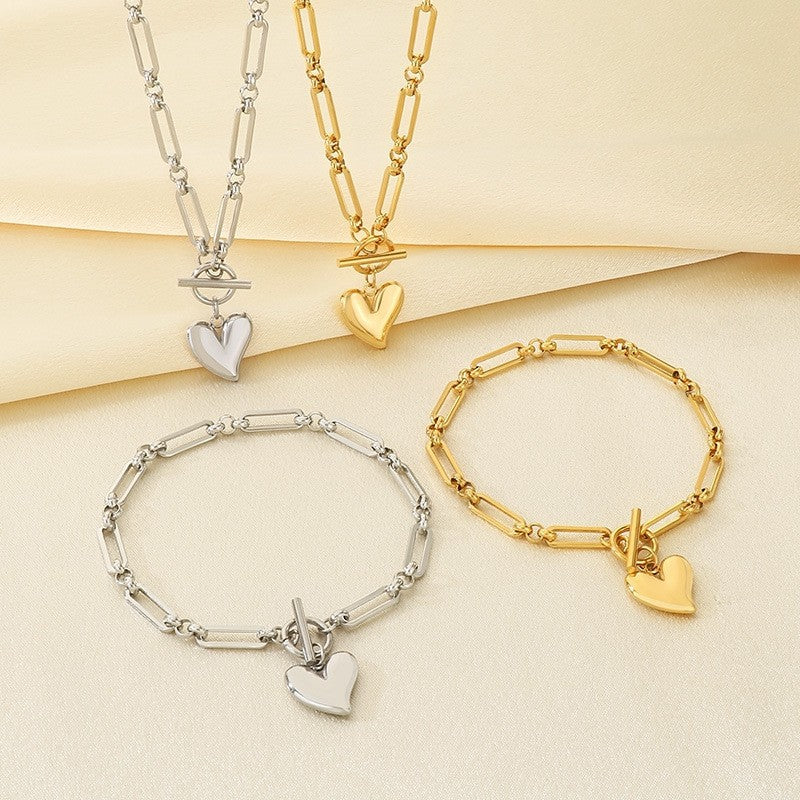 European and American fashion three-dimensional heart-shaped OT buckle paperclip chain titanium steel bracelet personalized love pendant necklace women's jewelry