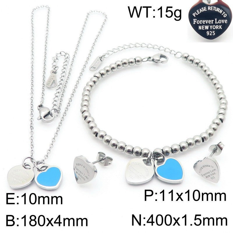 Gold Heart Charm Jewelry Set with Green Enamel Pendant