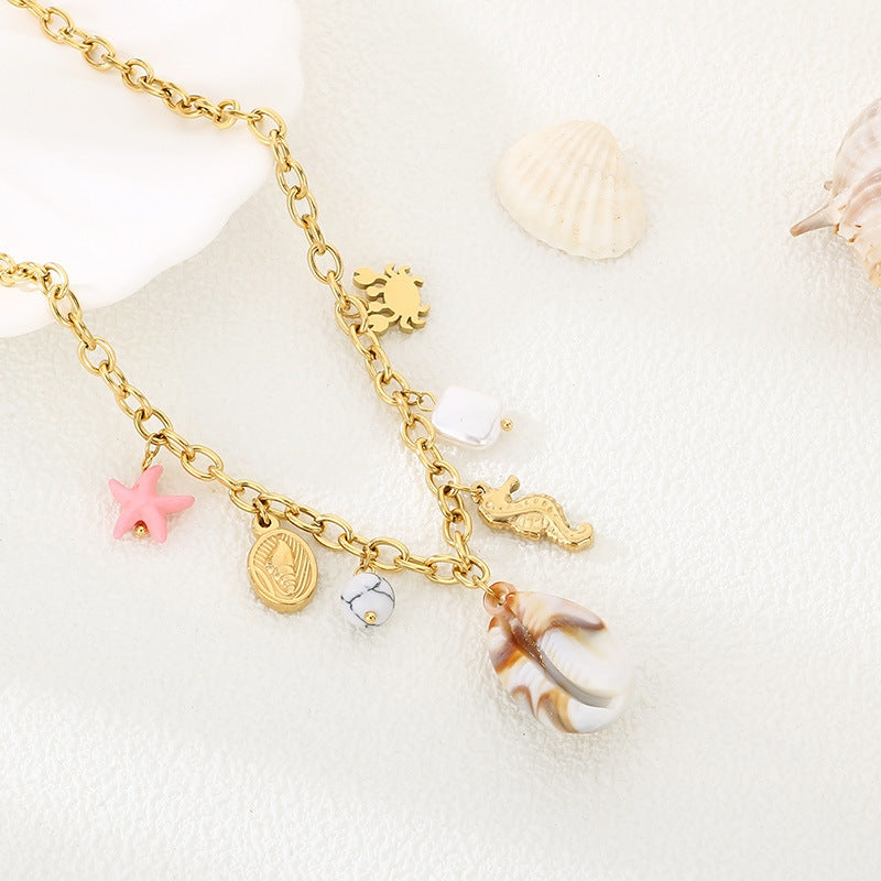 Cross-border fashion seaside beach wind stainless steel seahorse crab conch pendant chain collarbone chain necklace accessories