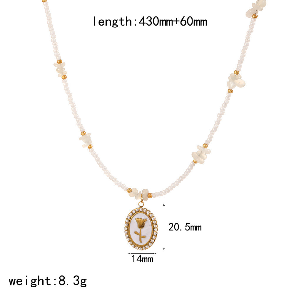 Cross-border colorful Epoxy Stainless Steel Necklace Women's Fashion Versatile Premium Sense Pearl Chain Rose Flower Clavicle Chain