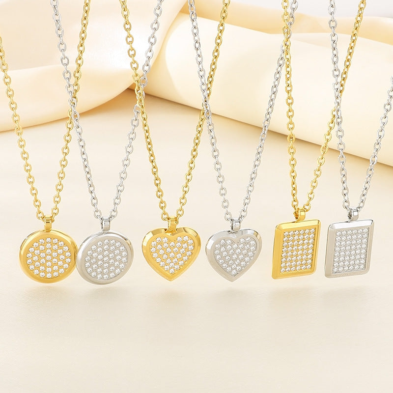 Creative light luxury gypsy star inlaid rhinestone heart pendant titanium steel necklace high sense love square round item decoration