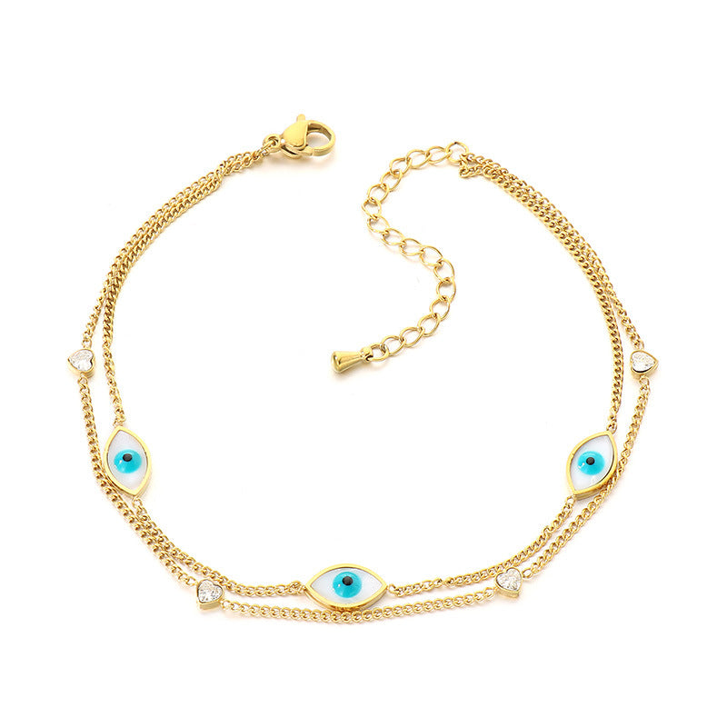 Simple double layer stacked stainless steel resin Devil's Eye blue turquoise beaded double layer pendant accessories anklet jewelry