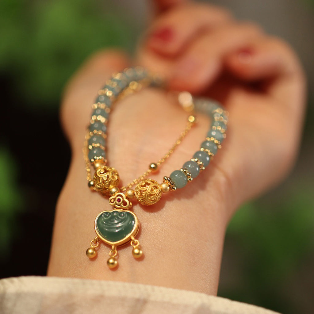 天然翡翠手链女福锁绣球双链叠戴古风精致平安福锁手链