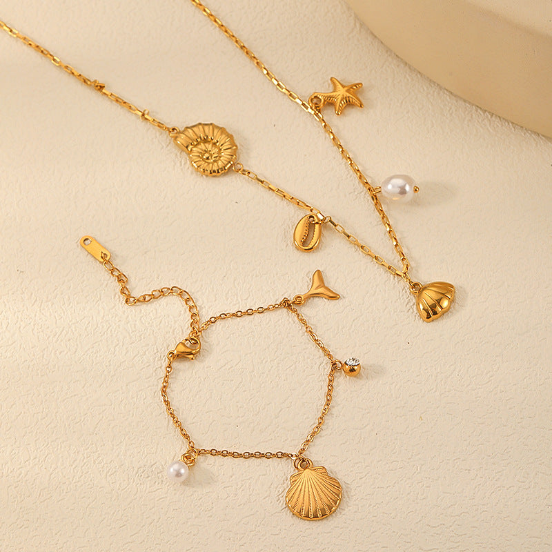 Stainless Steel Seashell Charm Necklace & Bracelet Set
