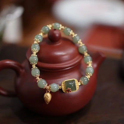 天然8MM和田玉圆珠单圈手链S925银镀金隔片两世欢手串