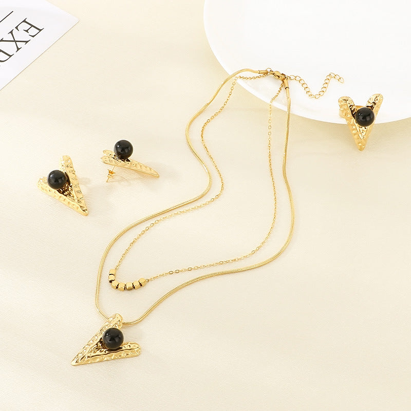 Amazon cross-border stainless steel set women's jewelry inlaid with pearl turquoise love pendant four-piece jewelry