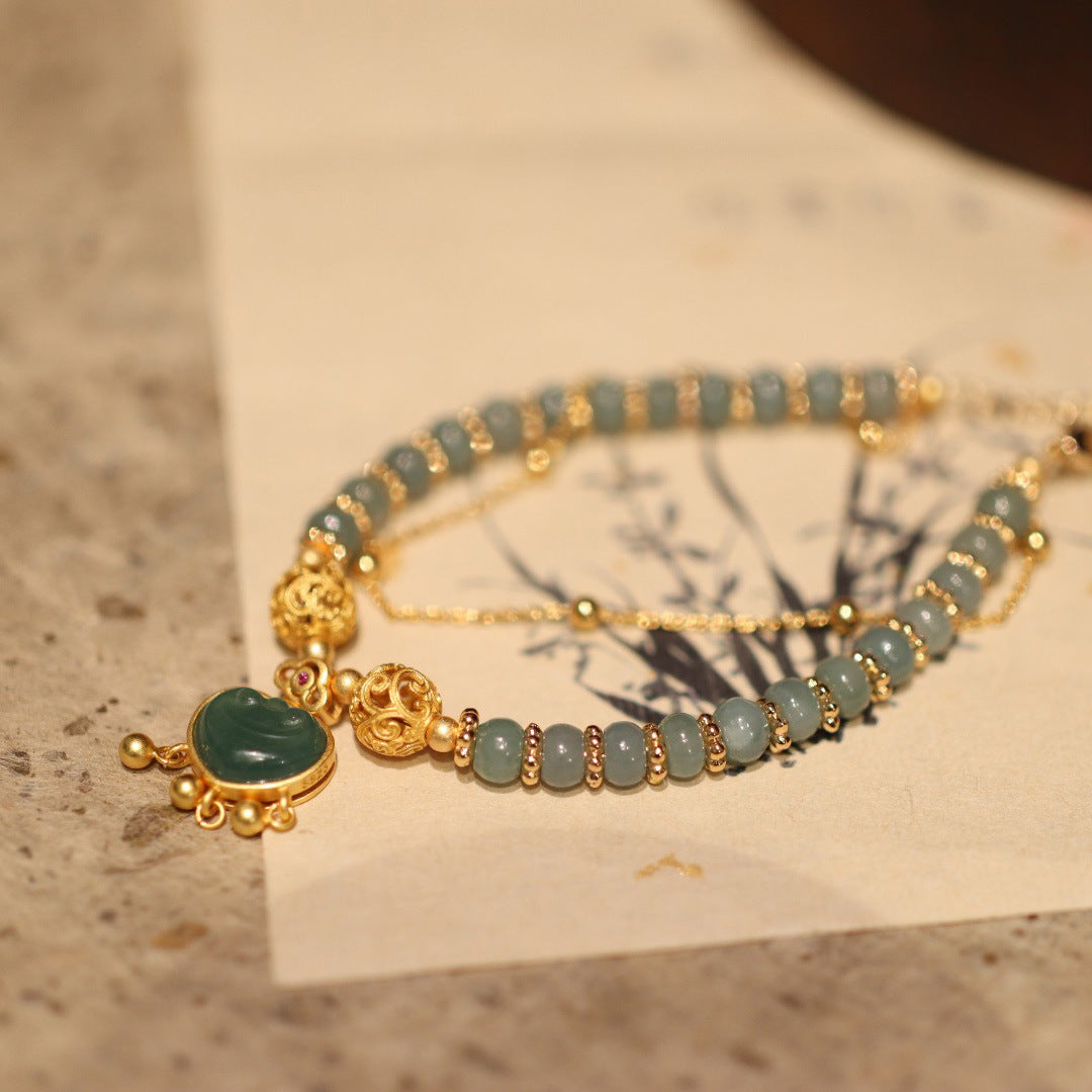 天然翡翠手链女福锁绣球双链叠戴古风精致平安福锁手链