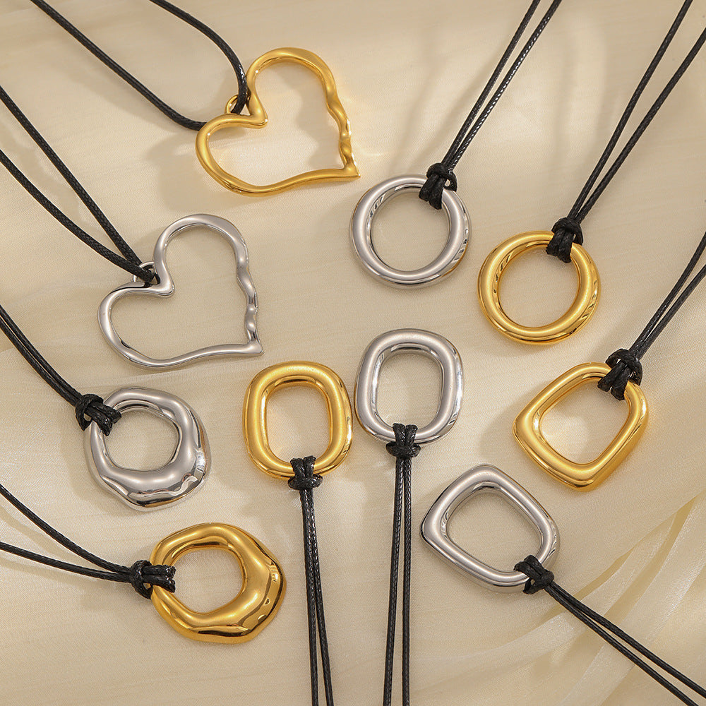 Cross-border European and American personalized retro wax rope sweater chain stainless steel heart-shaped O-shaped pendant long hollow necklace versatile