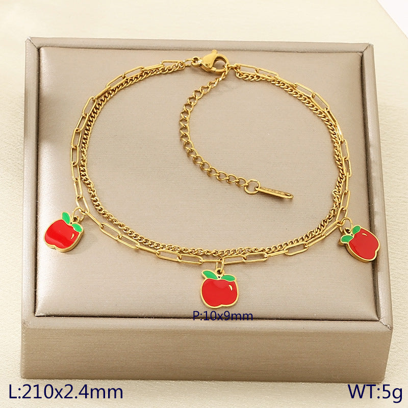 New fresh and sweet fruit series cherry strawberry apple dragon fruit pendant stainless steel double layer stacked anklet
