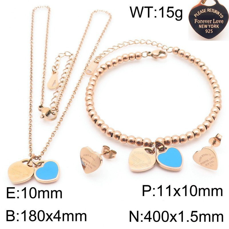 Gold Heart Charm Jewelry Set with Green Enamel Pendant