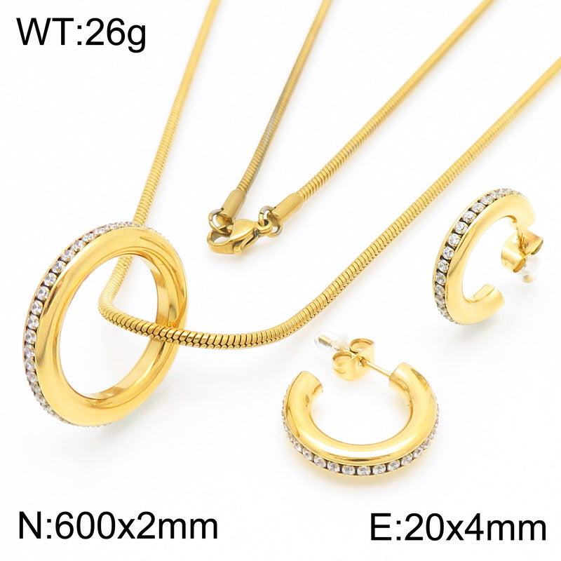 Cross-border fashion personality with diamond-set c-shaped pendant set ins temperament stacking chain titanium steel necklace earrings ring