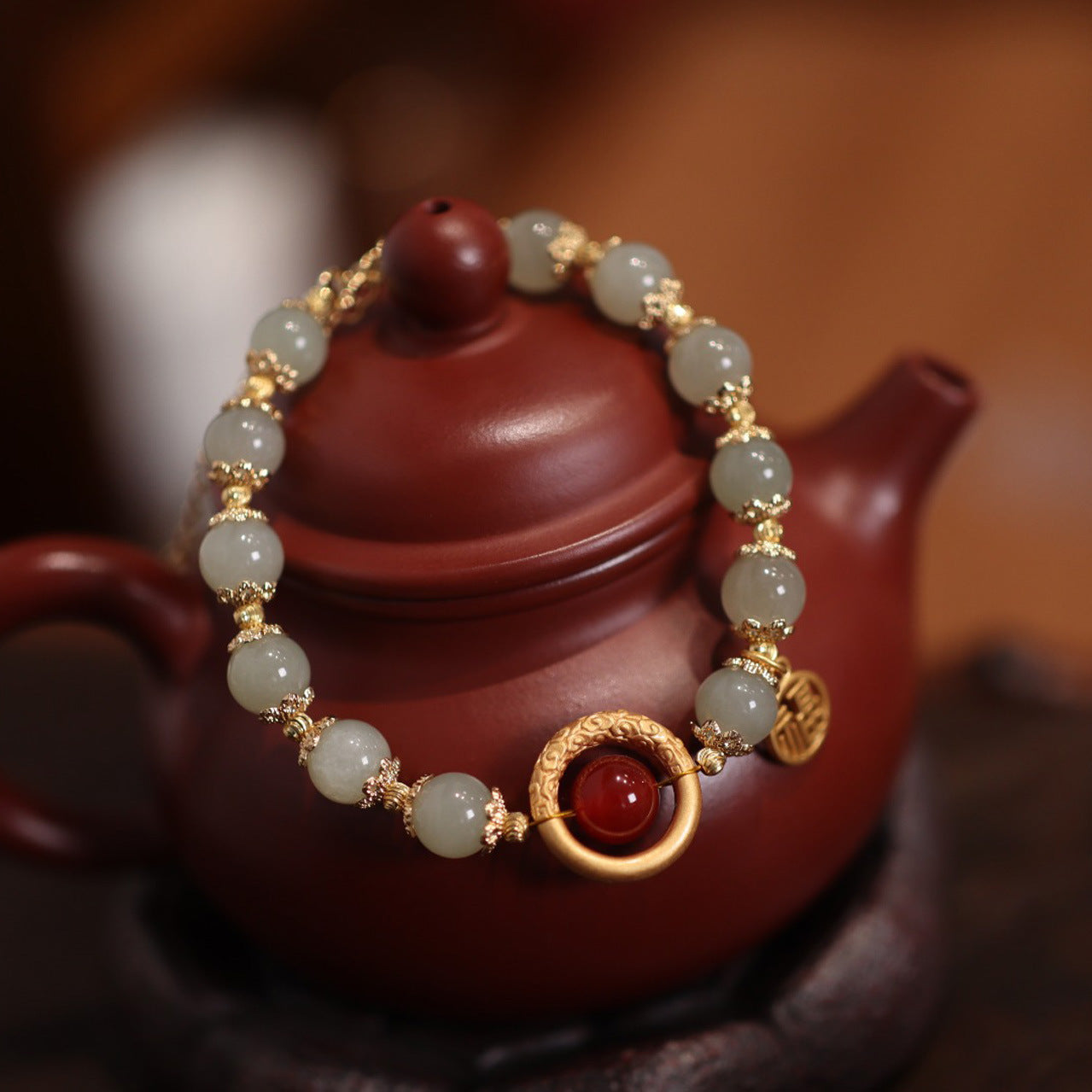 天然8MM和田玉圆珠单圈手链S925银镀金隔片两世欢手串