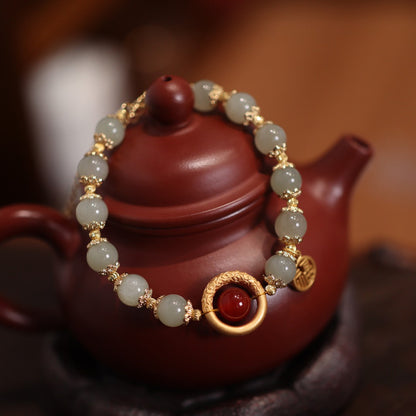 天然8MM和田玉圆珠单圈手链S925银镀金隔片两世欢手串