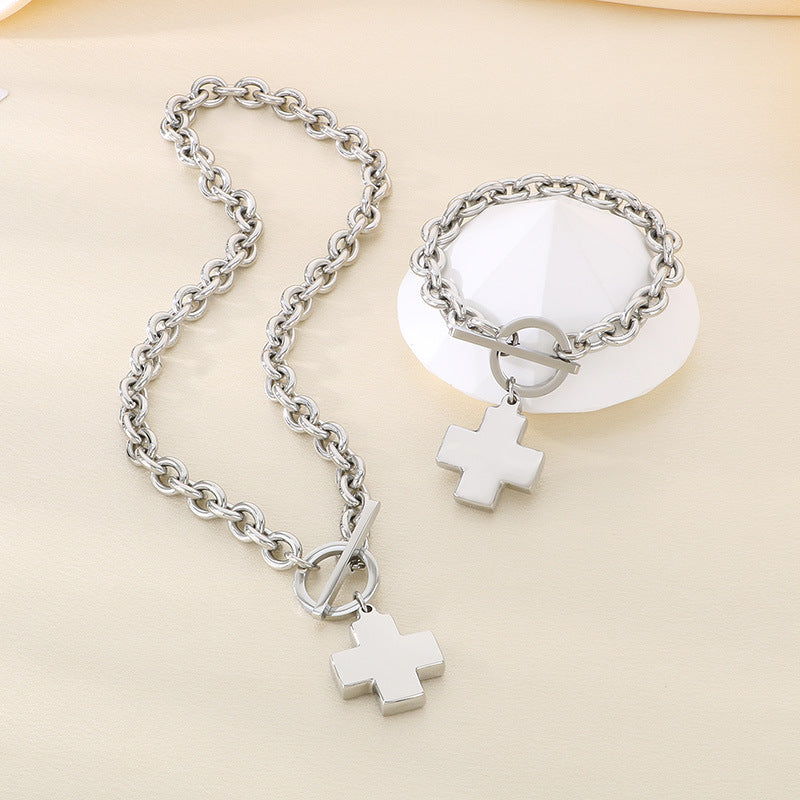 Toggle Chain Necklace with Disc & Cross Charms