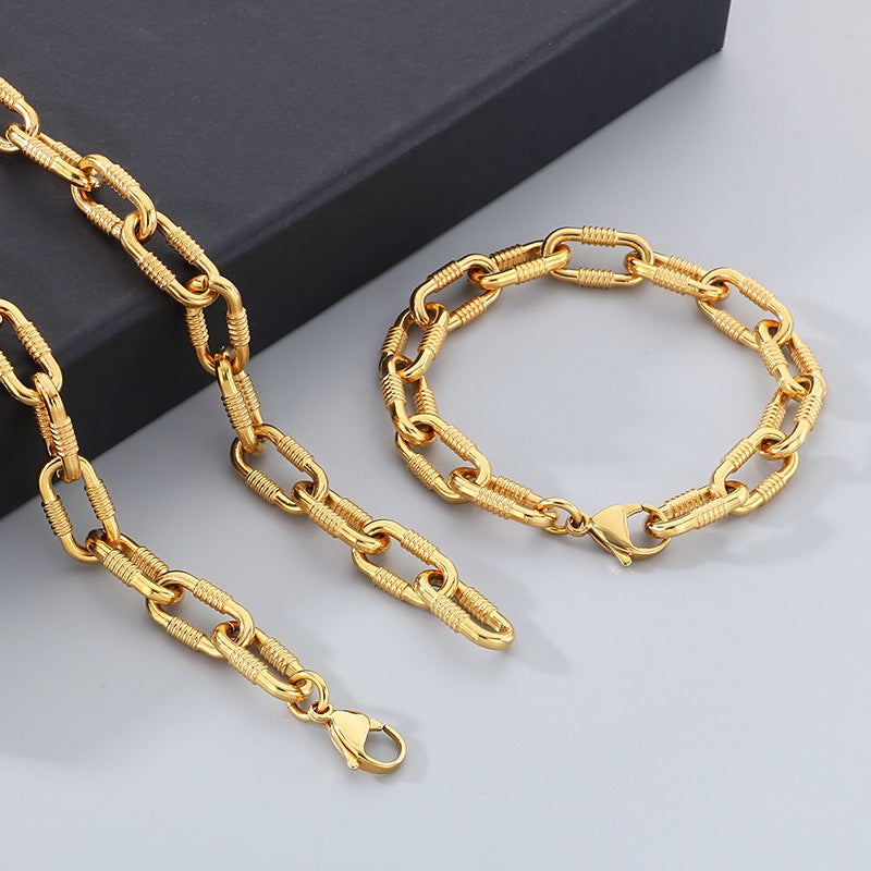 Cross-border cold wind stainless steel threaded bracelet necklace personalized Cuban thick buckle ring unisex jewelry two-piece set