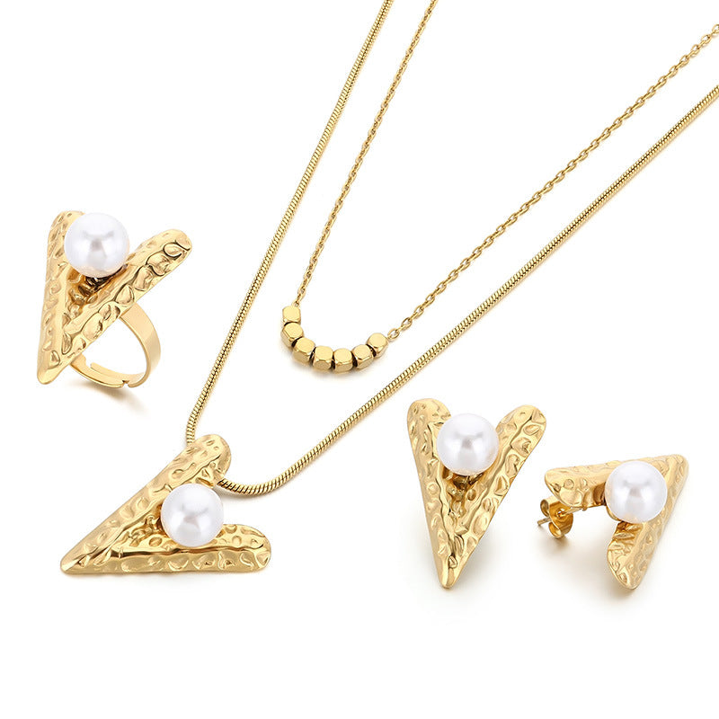 Amazon cross-border stainless steel set women's jewelry inlaid with pearl turquoise love pendant four-piece jewelry