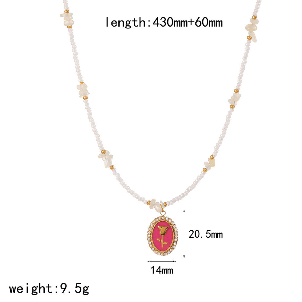 Cross-border colorful Epoxy Stainless Steel Necklace Women's Fashion Versatile Premium Sense Pearl Chain Rose Flower Clavicle Chain