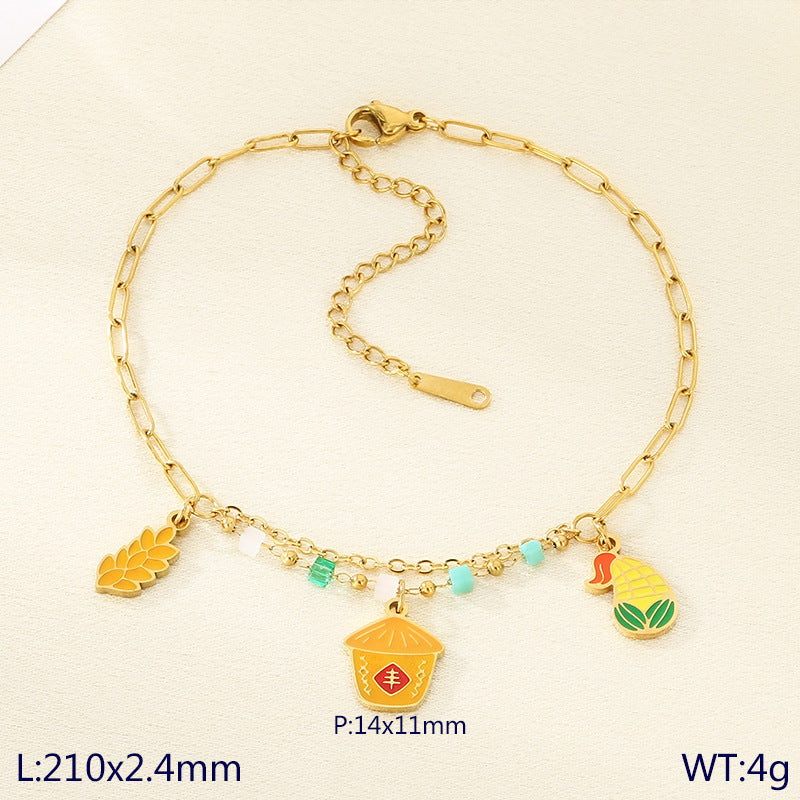 INS fresh and fashionable stainless steel double chain cartoon fruit pendant anklet titanium steel holiday jewelry foot decoration