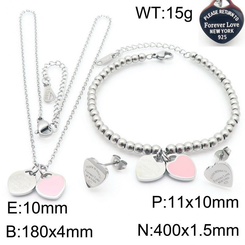 Gold Heart Charm Jewelry Set with Green Enamel Pendant