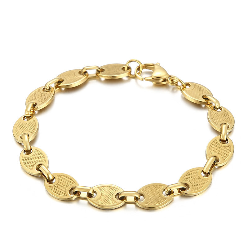 Simple high-end sense versatile fashion coffee bean pig nose stainless steel plated 18K gold titanium steel bracelet spot