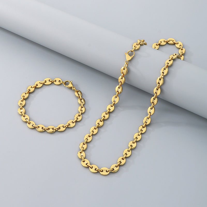 Simple high-end stainless steel pig nose coffee bean bracelet necklace chain vacuum 18k gold pig nose chain set