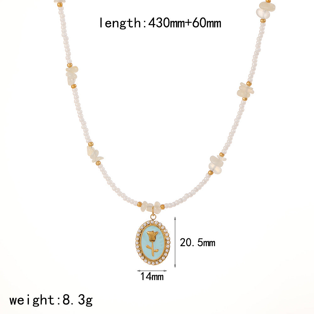 Cross-border colorful Epoxy Stainless Steel Necklace Women's Fashion Versatile Premium Sense Pearl Chain Rose Flower Clavicle Chain