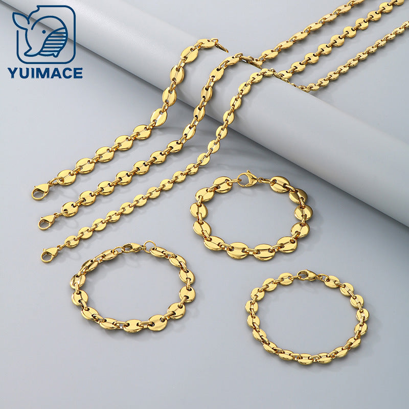 Simple high-end stainless steel pig nose coffee bean bracelet necklace chain vacuum 18k gold pig nose chain set