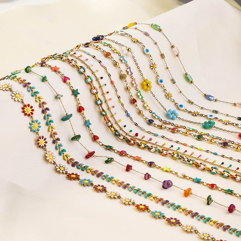 Cross-border dripping stainless steel necklace ladies simple temperament titanium steel collarbone chain painted flower bracelet necklace wholesale