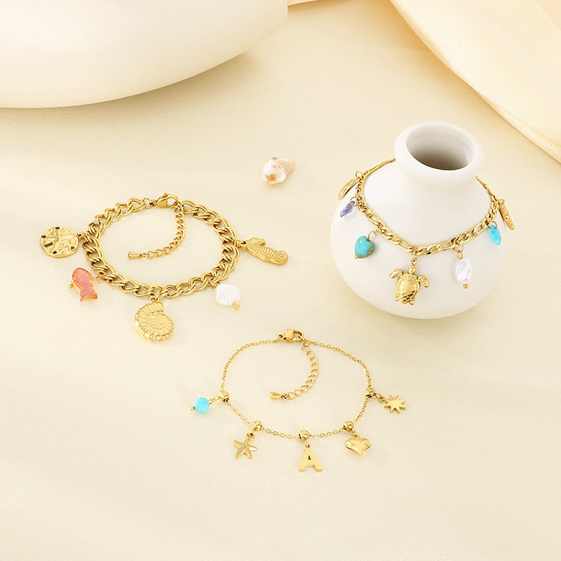 Cross-border jewelry ocean wind turquoise turtle titanium steel light luxury chain bracelet high-end starfish small pendant jewelry