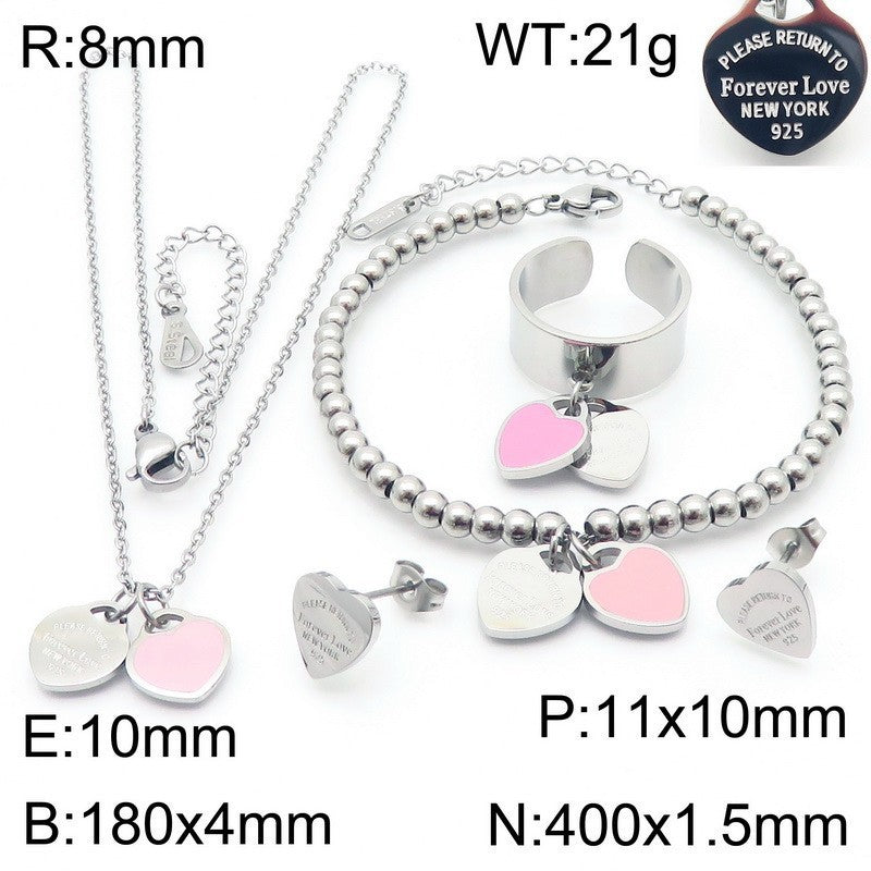 Gold Heart Charm Jewelry Set with Green Enamel Pendant