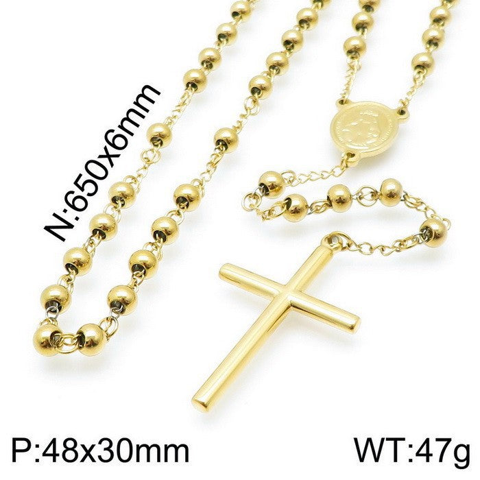 Cross-border European and American ins stainless steel niche design cross retro round bead necklace titanium steel collarbone chain necklace decoration women