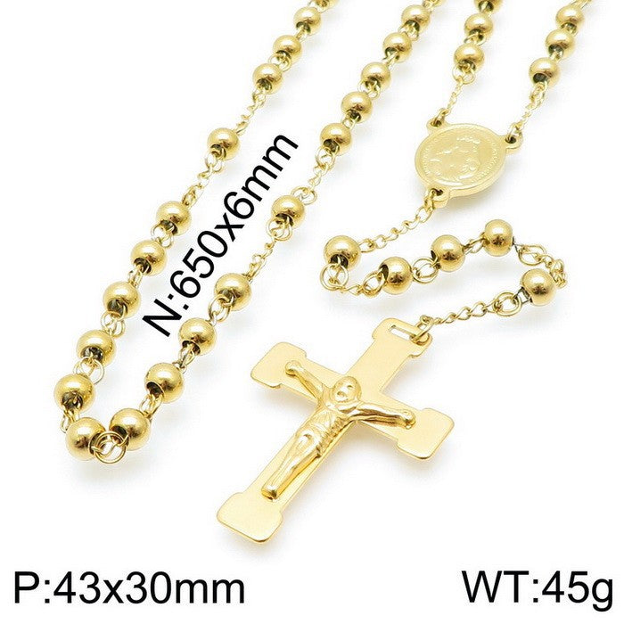Cross-border titanium steel jewelry, stainless steel rosary necklace cross gold-plated 18K round bead cross necklace men's and women's jewelry