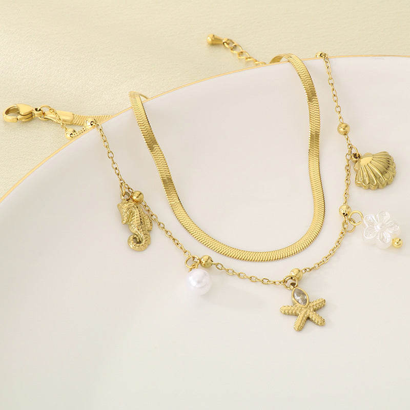 Summer seaside beach wind double stacked marine life starfish shell seahorse pendant stainless steel anklet foot decoration