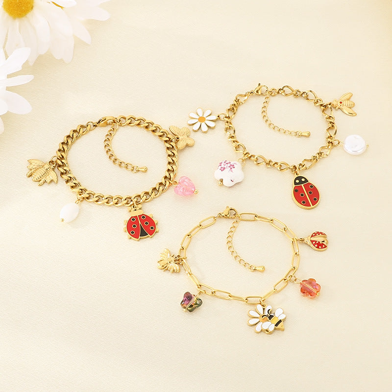 New fashion cartoon stainless steel pastoral style drip oil insect bee ladybug pendant bracelet chain accessories