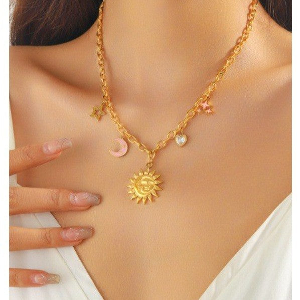 Cross-border European and American stainless steel necklace face sun star moon pendant thick chain retro 18K gold necklace women
