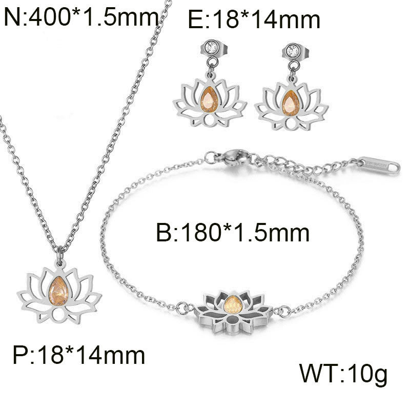 Cross-border new stainless steel zircon lotus set, creative hollow flower water drop stone pendant jewelry three-piece set