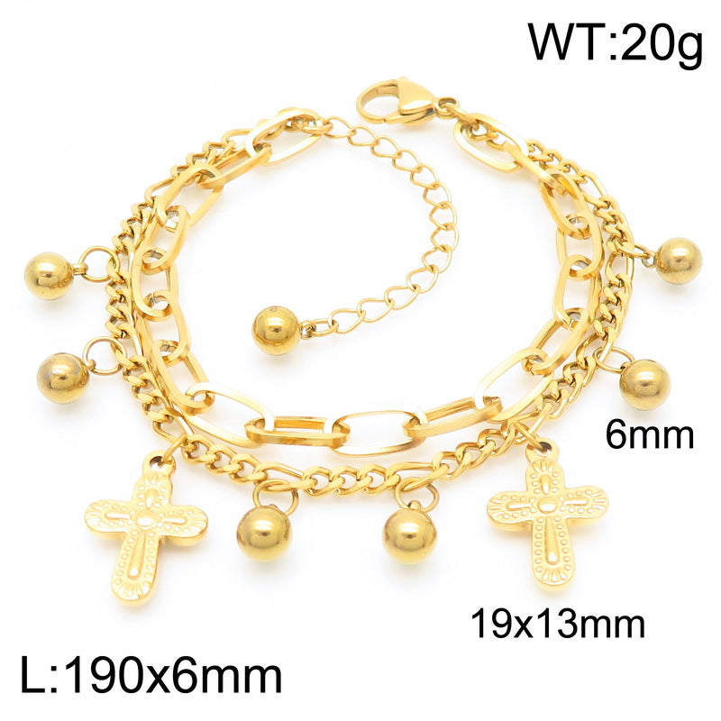 Simple and versatile ins wind double-layer stacked chain cross pendant stainless steel bracelet titanium steel jewelry