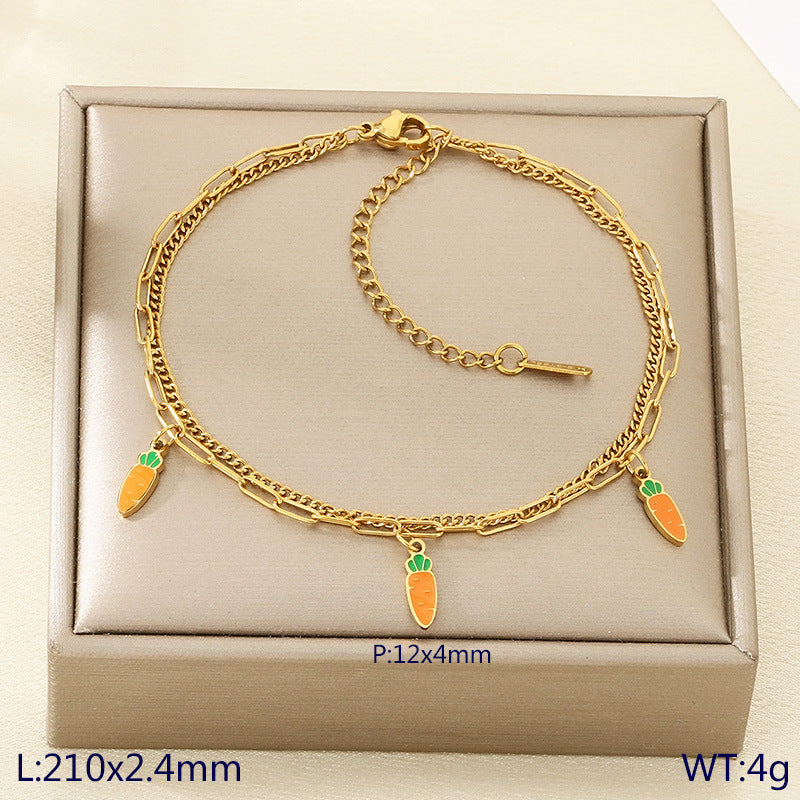 New fresh and sweet fruit series cherry strawberry apple dragon fruit pendant stainless steel double layer stacked anklet