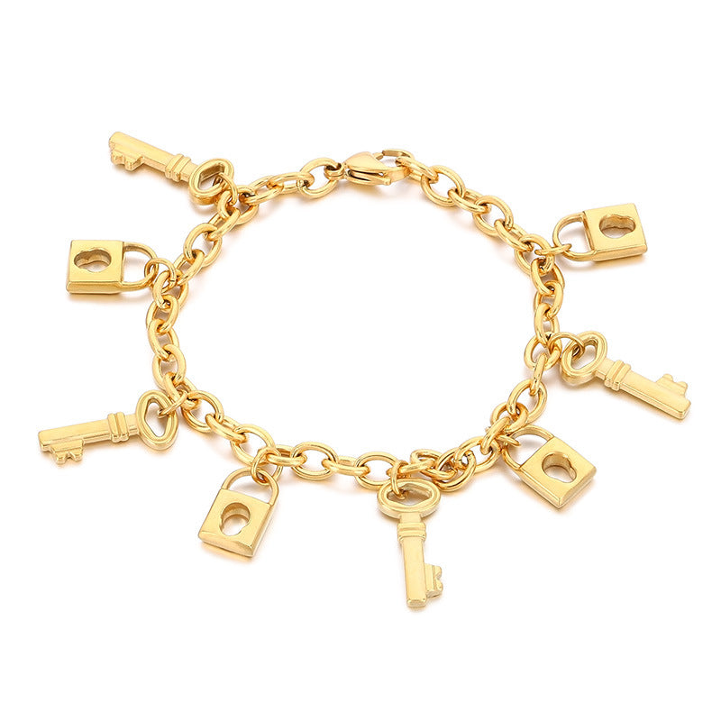 ins wind love element key lock tag pendant stainless steel bracelet trend retro titanium steel plated 18K gold jewelry