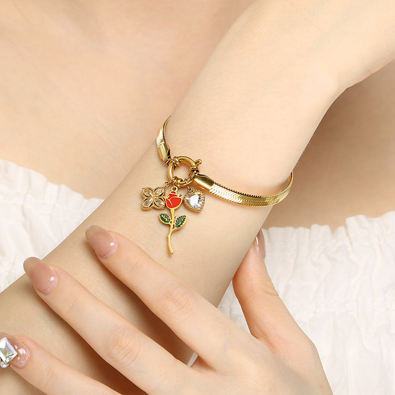 Cross-border new creative fashion love bouquet pendant fringed stainless steel bracelet trendy versatile jewelry