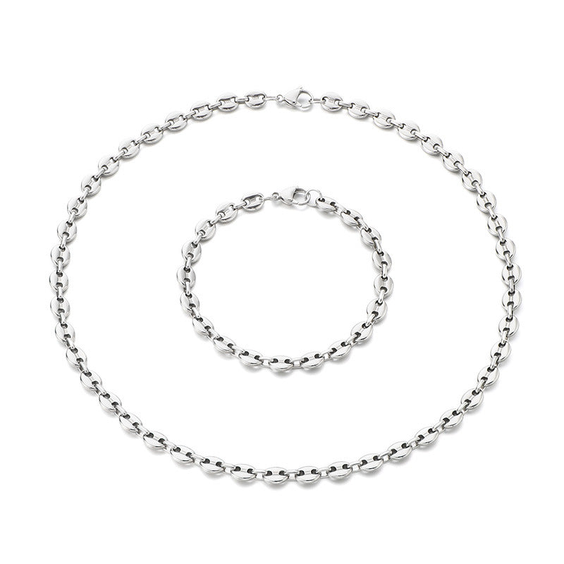 Simple high-end stainless steel pig nose coffee bean bracelet necklace chain vacuum 18k gold pig nose chain set