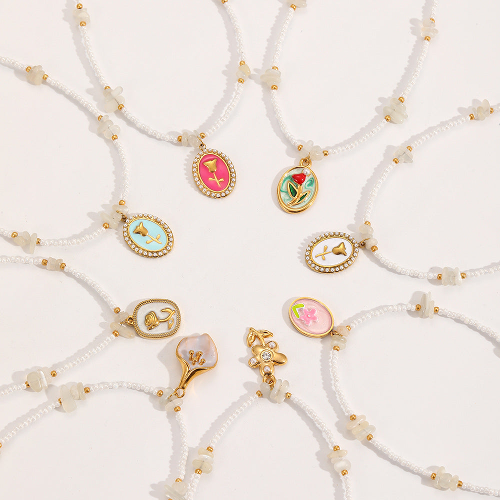 Cross-border colorful Epoxy Stainless Steel Necklace Women's Fashion Versatile Premium Sense Pearl Chain Rose Flower Clavicle Chain