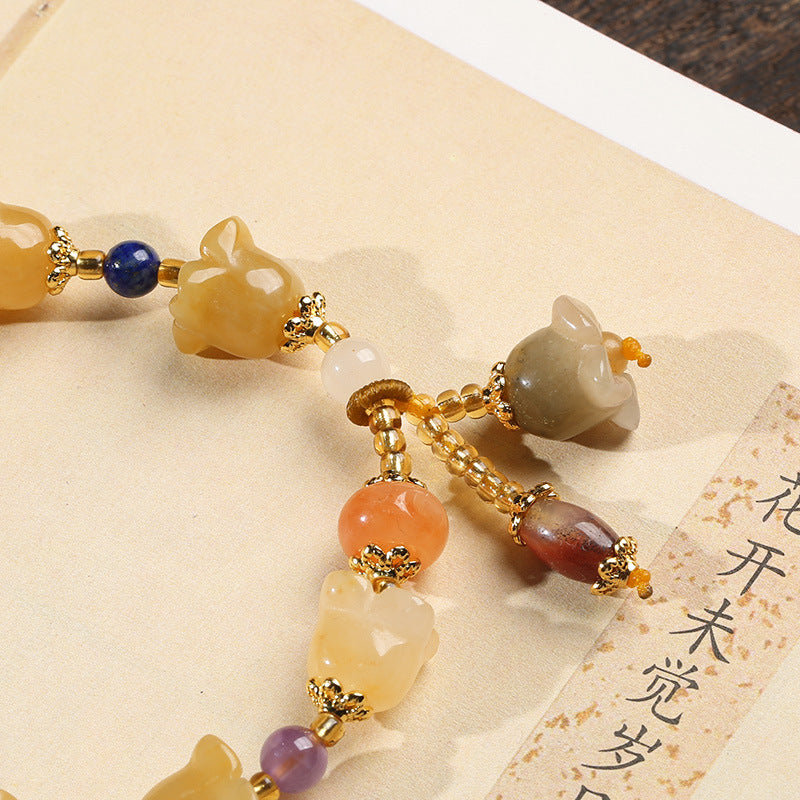 翡亦天然金丝玉手链女士闺蜜玉石手串吊金丝玉铃兰黄玉手串手饰品