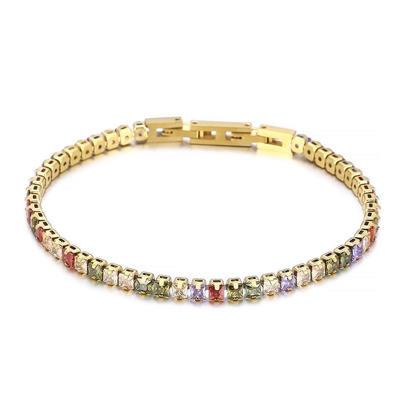 Light luxury Mori series simple and versatile color zircon bracelet female, fashionable titanium steel square chain splicing full diamond bracelet