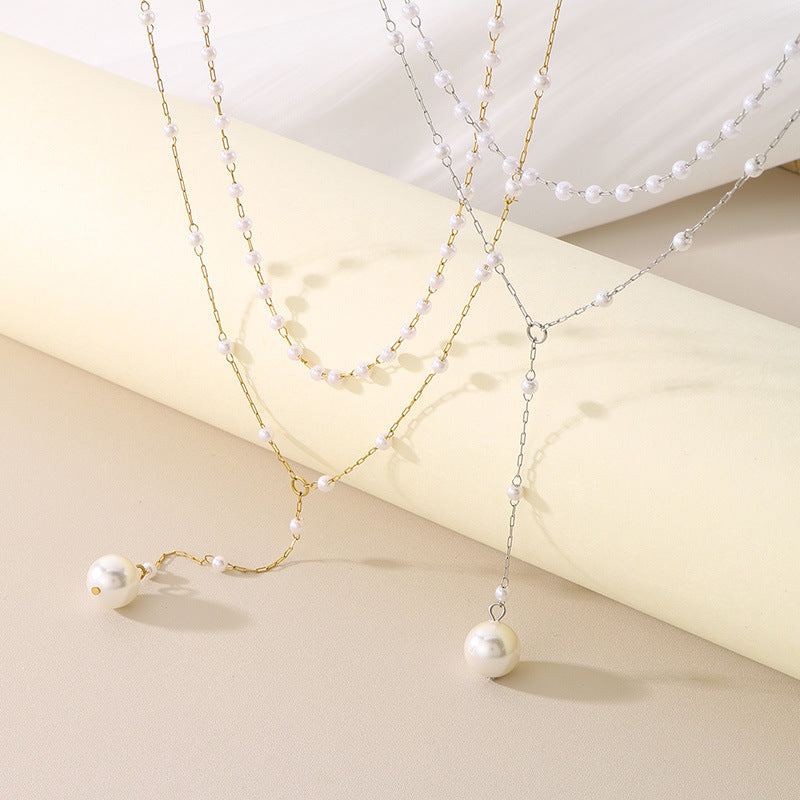 Layered Pearl Drop Chain Necklace