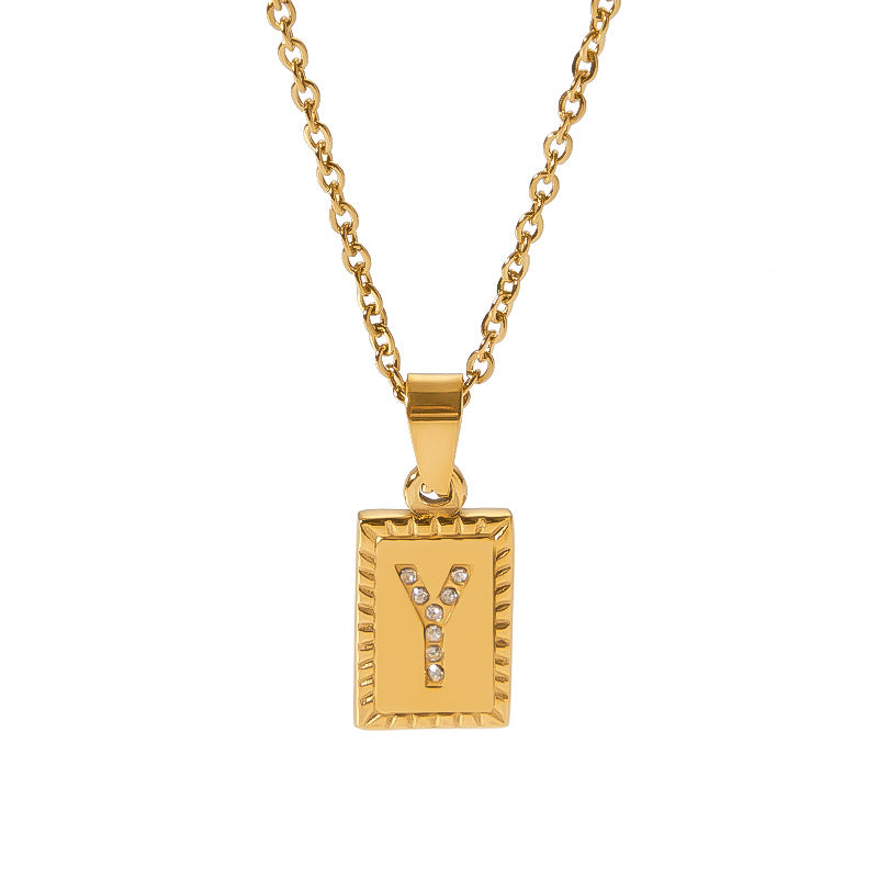 European and American cross-border high-end letter square pendant 18k gold inlaid zirconium letter pendant stainless steel necklace pendant female