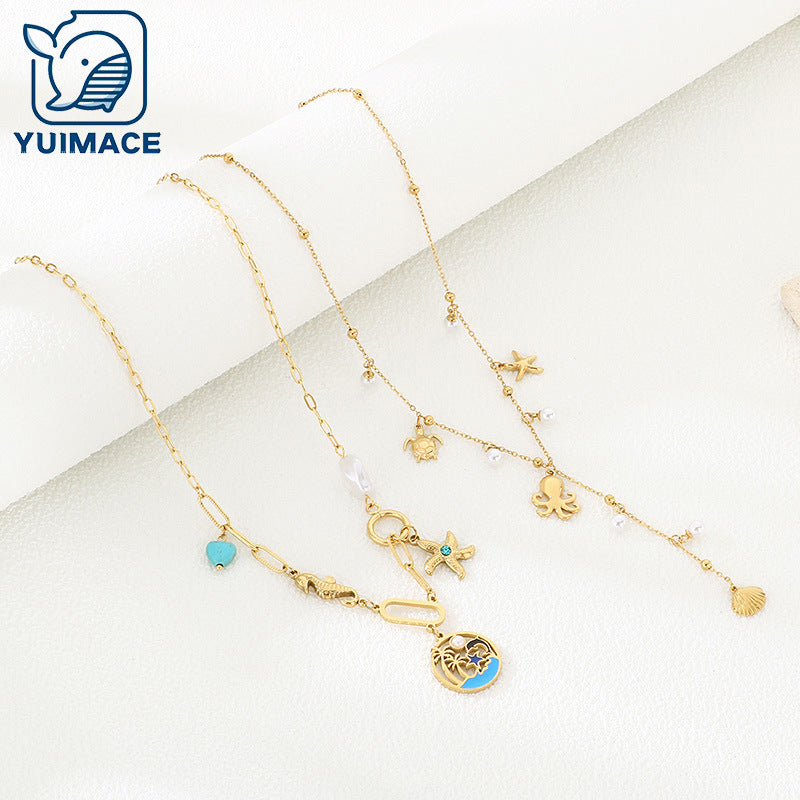 Cross-border stainless steel pearl necklace ocean series fringed starfish sea turtle pendant women's vacation style seaside necklace