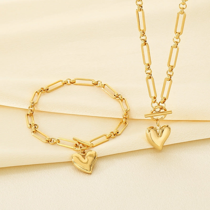 European and American fashion three-dimensional heart-shaped OT buckle paperclip chain titanium steel bracelet personalized love pendant necklace women's jewelry