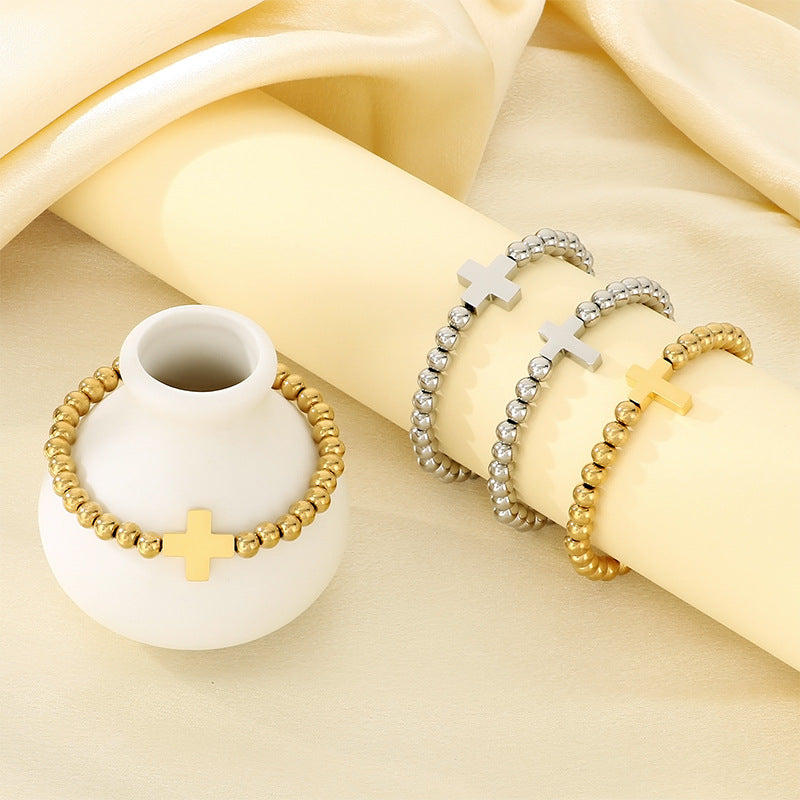 New simple stainless steel 6MM bead cross beaded bracelet women's fashion bracelet bracelet spot accessories