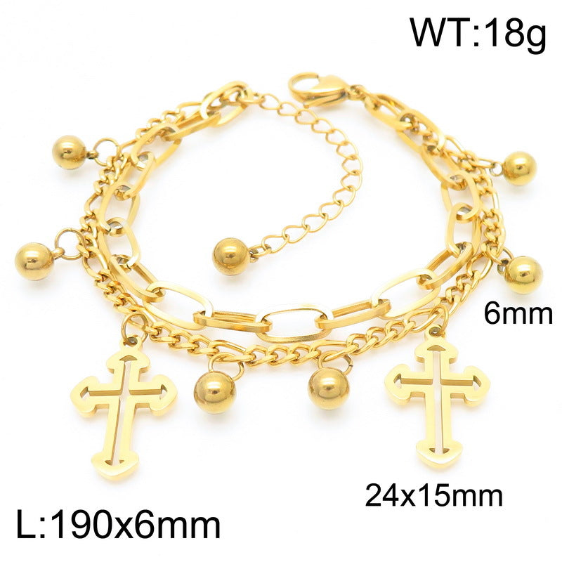Simple and versatile ins wind double-layer stacked chain cross pendant stainless steel bracelet titanium steel jewelry